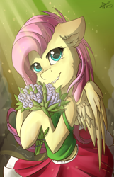 Size: 1108x1724 | Tagged: safe, artist:yuris, derpibooru import, fluttershy, pegasus, pony, blushing, bouquet, clothes, crepuscular rays, cute, daaaaaaaaaaaw, ears, female, floppy ears, flower, mare, shyabetes, skirt, smiling, solo