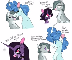 Size: 3287x2752 | Tagged: safe, artist:dodiejinx, derpibooru import, marble pie, party favor, oc, oc:amethyst glitterdream, earth pony, pony, unicorn, ..., choker, crack ship offspring, crack shipping, ear fluff, ears, female, filly, goth, it's not a phase, male, mare, mother and child, mother and daughter, no pupils, nuzzling, offspring, parent and child, parent:marble pie, parent:party favor, shipping, short hair, simple background, spiked choker, stallion, straight, white background