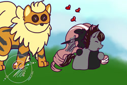 Size: 1500x1000 | Tagged: safe, artist:jbcblanks, derpibooru import, oc, oc only, pegasus, unicorn, arcanine, chibi, commission, cute, floating heart, heart, hug, plushie, pokémon, sketch