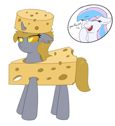 Size: 2139x2346 | Tagged: safe, artist:eyeburn, derpibooru import, oc, oc only, oc:changeling derpy, oc:starburn, changeling, pony, changeling oc, cheese, cheese hat, food, hat, offscreen character, unamused