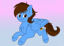 Size: 800x571 | Tagged: safe, artist:zobaloba, derpibooru import, oc, oc only, oc:pegasusgamer, pegasus, pony, chest fluff, ear fluff, ears, fluffy, happy, hoof fluff, looking at you, simple background, wing fluff, wings