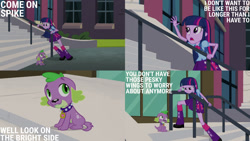 Size: 1280x720 | Tagged: safe, edit, edited screencap, editor:quoterific, screencap, spike, twilight sparkle, dog, equestria girls, equestria girls (movie), boots, canterlot high, clothes, cutie mark, cutie mark on clothes, female, male, open mouth, shoes, spike the dog, stairs