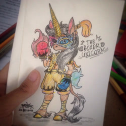 Size: 1600x1600 | Tagged: safe, artist:phutphitchaya, derpibooru import, oc, oc only, anthro, unguligrade anthro, unicorn, boxing gloves, clothes, female, mask, shorts, signature, solo, traditional art