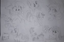 Size: 799x527 | Tagged: safe, artist:opvious, derpibooru import, applejack, derpy hooves, rarity, twilight sparkle, twilight velvet, earth pony, pegasus, pony, unicorn, sketch, sketch dump, traditional art