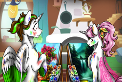 Size: 1596x1080 | Tagged: safe, artist:jvartes6112, derpibooru import, oc, oc only, oc:jv6112, oc:merida shy, alicorn, pony, alicorn oc, butterfly wings, canvas, duo, female, flower, horn, indoors, male, mare, offspring, parent:fluttershy, parent:oc:jv6112, parents:canon x oc, raised hoof, raised leg, smiling, stallion, two toned wings, underhoof, wide eyes, wings