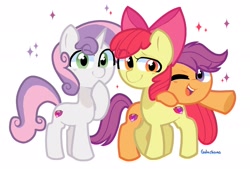 Size: 1965x1330 | Tagged: safe, artist:galactiaaa, derpibooru import, apple bloom, scootaloo, sweetie belle, cutie mark crusaders, female, filly, leaning on someone, looking at you, one eye closed, sparkles