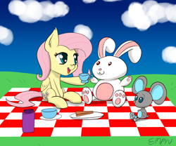 Size: 1000x833 | Tagged: safe, artist:empyu, derpibooru import, fluttershy, pegasus, pony, 30 minute art challenge, bottle, cloud, cup, cute, daaaaaaaaaaaw, female, mare, open mouth, picnic, picnic blanket, plushie, shyabetes, stuffed animals, teacup