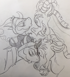 Size: 1175x1280 | Tagged: safe, artist:nelfs, derpibooru import, discord, king sombra, draconequus, pony, umbrum, unicorn, crown, fangs, jewelry, king sombra is not amused, male, regalia, sketch, smiling, stallion, traditional art