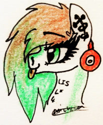 Size: 1706x2077 | Tagged: safe, artist:beamybutt, derpibooru import, oc, oc only, earth pony, pony, :p, earth pony oc, headphones, signature, solo, tongue, tongue out, traditional art