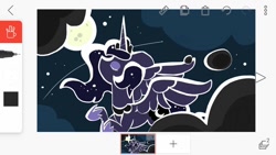 Size: 1024x576 | Tagged: safe, artist:gravityfox10, derpibooru import, princess luna, alicorn, pony, cloud, ethereal mane, eyes closed, female, flying, full moon, hoof shoes, horn, jewelry, mare, moon, outdoors, peytral, phone screen, shooting star, starry mane, stars, tiara, wings