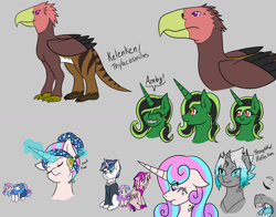 Size: 1280x1002 | Tagged: safe, artist:jolliapplegirl, derpibooru import, princess cadance, shining armor, oc, oc:ambrose, oc:olive, oc:thoughtful reflection, alicorn, changeling, changepony, griffon, hybrid, pony, unicorn, fallout equestria, dark star au, dialogue, female, interspecies offspring, male, mare, next generation, offspring, parent:queen chrysalis, parent:shining armor, parents:shining chrysalis, stallion