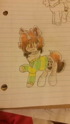 Size: 576x1024 | Tagged: safe, artist:gravityfox10, derpibooru import, oc, oc only, pony, unicorn, chara, clothes, coat markings, duo, female, grin, horn, lineart, lined paper, mare, partial color, paw prints, raised hoof, raised leg, smiling, socks (coat marking), undertale, unicorn oc