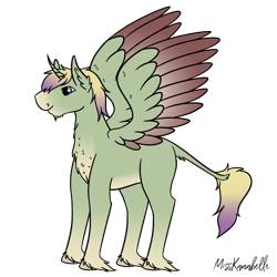 Size: 2000x2000 | Tagged: safe, artist:misskanabelle, derpibooru import, oc, oc only, alicorn, pony, alicorn oc, chest fluff, ear fluff, ears, hoof fluff, horn, leonine tail, male, signature, solo, stallion, two toned wings, wings