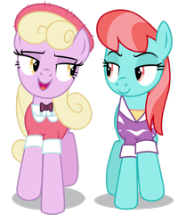 Size: 2188x2740 | Tagged: safe, artist:dragonchaser123, derpibooru import, luckette, strawberry ice, earth pony, pony, fake it 'til you make it, bowtie, clothes, duo, duo female, female, hat, high res, looking at each other, mare, open mouth, simple background, transparent background, vector, walking