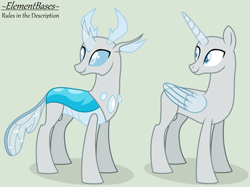 Size: 2058x1538 | Tagged: safe, artist:elementbases, derpibooru import, oc, oc only, alicorn, changedling, changeling, to change a changeling, alicorn oc, bald, duo, horn, looking back, male, simple background, smiling, stallion, wings