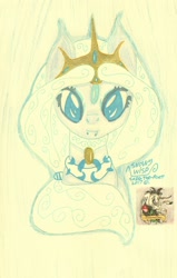 Size: 1676x2639 | Tagged: safe, artist:sarnathid-prime-pony, derpibooru import, oc, oc:snowy wisp, big eyes, crown, cute, fangs, jewelry, pencil drawing, pony oc, regalia, traditional art, watermark