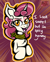 Size: 3000x3750 | Tagged: safe, artist:mrcapriccio, derpibooru import, oc, oc only, oc:dolce spiaro, pony, unicorn, bandana, bust, chest fluff, clothes, dialogue, female, high res, horn, looking at you, makeup, mare, simple background, solo, unicorn oc