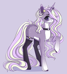 Size: 2970x3282 | Tagged: safe, artist:tinasivint, derpibooru import, oc, oc only, pony, unicorn, body freckles, choker, clothes, ear piercing, female, freckles, hair over one eye, high res, horn, long hair, mare, one hoof raised, pale belly, piercing, purple background, simple background, socks, solo, stars, unicorn oc, white belly