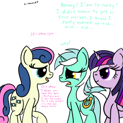 Size: 2000x2000 | Tagged: safe, artist:dafiltafish, derpibooru import, bon bon, lyra heartstrings, sweetie drops, twilight sparkle, twilight sparkle (alicorn), alicorn, crying, dialogue, female, lesbian, lyrabon, shipping, simple background, transparent background