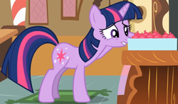 Size: 1440x847 | Tagged: safe, derpibooru import, screencap, twilight sparkle, unicorn twilight, pony, unicorn, lesson zero, cropped, cupcake, female, food, mare, solo