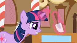 Size: 1920x1080 | Tagged: safe, derpibooru import, screencap, twilight sparkle, unicorn twilight, pony, unicorn, lesson zero, cupcake, cute, female, food, magic, mare, solo, spatula, telekinesis, twiabetes