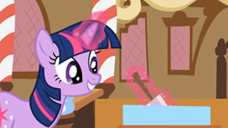 Size: 1920x1080 | Tagged: safe, derpibooru import, screencap, twilight sparkle, unicorn twilight, pony, unicorn, lesson zero, cupcake, female, food, magic, mare, solo, spatula, telekinesis