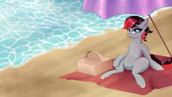 Size: 2048x1152 | Tagged: safe, artist:twilightwolf91, derpibooru import, oc, oc only, pony, art, beach, commission, ocean, solo, summer, umbrella