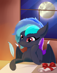 Size: 1680x2160 | Tagged: safe, artist:twilightwolf91, derpibooru import, oc, oc only, bat pony, pony, art, bat pony oc, commission, moon, night, quill, scroll, solo