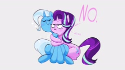 Size: 1920x1080 | Tagged: safe, artist:another_pony, derpibooru import, starlight glimmer, trixie, pony, unicorn, blushing, dialogue, female, hug, lesbian, no, shipping, startrix