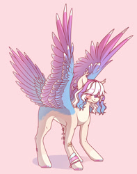 Size: 1280x1627 | Tagged: safe, artist:tinasivint, derpibooru import, oc, oc only, pegasus, pony, bandaid, bracelet, eyebrows, eyebrows visible through hair, female, four wings, hair over eyes, jewelry, mare, multiple wings, nose bandaid, pink background, simple background, solo, tail feathers, wings