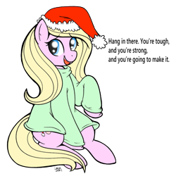 Size: 671x671 | Tagged: safe, artist:grodiechan, derpibooru import, oc, oc only, oc:chuckles, earth pony, pony, christmas, clothes, dialogue, hat, holiday, looking at you, positive ponies, santa hat, smiling, solo, sweater, truth