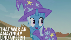 Size: 1920x1080 | Tagged: safe, derpibooru import, edit, edited screencap, editor:quoterific, screencap, trixie, pony, season 7, to change a changeling, cape, clothes, hat, quote, solo, trixie's cape, trixie's hat