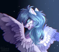 Size: 2420x2125 | Tagged: safe, artist:teaflower300, derpibooru import, oc, oc only, pegasus, pony, creepy, creepy smile, ear piercing, earring, jewelry, looking at you, looking back, open mouth, piercing, sharp teeth, smiling, solo, spread wings, teeth, wings