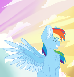 Size: 1963x2048 | Tagged: safe, artist:moccabliss, derpibooru import, rainbow dash, pegasus, pony, chest fluff, ear fluff, ears, eyes closed, female, grin, mare, smiling, solo, spread wings, wings