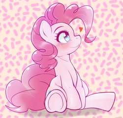 Size: 2048x1976 | Tagged: safe, artist:kurogewapony, derpibooru import, pinkie pie, earth pony, pony, blushing, cute, diapinkes, female, heart, high res, mare, simple background, smiling, solo, underhoof