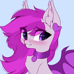 Size: 3072x3083 | Tagged: safe, artist:airiniblock, derpibooru import, oc, oc only, oc:violet moonflower, bat pony, bat pony oc, blushing, chest fluff, collar, cute, ear fluff, ears, fangs, patreon, patreon reward, rcf community