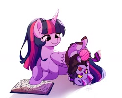 Size: 1678x1354 | Tagged: safe, artist:riukime, derpibooru import, twilight sparkle, twilight sparkle (alicorn), oc, oc:jinx, alicorn, hybrid, book, duo, female, interspecies offspring, mother and child, mother and daughter, offspring, parent and child, parent:discord, parent:twilight sparkle, parents:discolight, simple background, white background, yarn, yarn ball