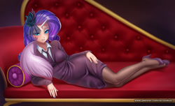 Size: 1649x1000 | Tagged: safe, alternate version, artist:racoonsan, derpibooru import, rarity, human, rarity investigates, bra, clothes, draw me like one of your french girls, fainting couch, horn, horned humanization, humanized, looking at you, necktie, scene interpretation, sofa, suit, underwear