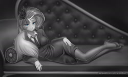 Size: 1649x1000 | Tagged: safe, alternate version, artist:racoonsan, derpibooru import, rarity, human, bra, clothes, draw me like one of your french girls, fainting couch, horn, horned humanization, humanized, looking at you, monochrome, necktie, neo noir, partial color, sofa, suit, underwear