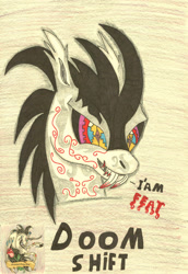 Size: 2030x2954 | Tagged: safe, artist:sarnathid-prime-pony, derpibooru import, oc, oc:sarr, original species, bust, evil eyes, evil grin, fangs, grin, head, horn, ow the edge, pencil drawing, portrait, sketch, smiling, text, traditional art, unknown species, watermark