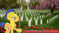 Size: 2064x1163 | Tagged: safe, artist:not-yet-a-brony, derpibooru import, flash sentry, 2021, arlington national cemetary, armor, flower, gravestone, graveyard, lyrics in the description, memorial day, spear, tree, weapon, youtube link in the description