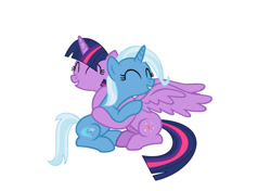 Size: 1280x902 | Tagged: safe, artist:brightstar40k, derpibooru import, trixie, twilight sparkle, twilight sparkle (alicorn), alicorn, fame and misfortune, female, hug, lesbian, shipping, simple background, twixie, vector, we're not flawless, white background