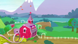 Size: 1280x720 | Tagged: safe, derpibooru import, screencap, bird, on your marks, apple, apple tree, background, hay bale, mountain, no pony, ramp, scenic ponyville, sweet apple acres, tree