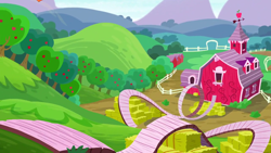 Size: 1280x720 | Tagged: safe, derpibooru import, screencap, on your marks, apple, apple tree, background, hay bale, mountain, ramp, scenic ponyville, sweet apple acres, tree