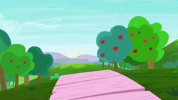 Size: 1280x720 | Tagged: safe, derpibooru import, screencap, on your marks, apple, apple tree, background, hill, no pony, scenic ponyville, sweet apple acres, tree