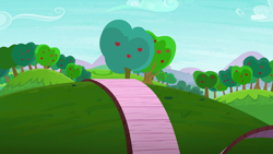 Size: 1280x720 | Tagged: safe, derpibooru import, screencap, on your marks, apple, apple tree, background, cloud, hill, no pony, ramp, scenic ponyville, sweet apple acres, tree