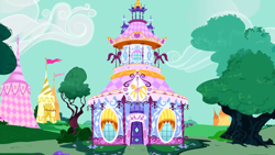 Size: 1280x720 | Tagged: safe, derpibooru import, screencap, on your marks, background, carousel boutique, cloud, no pony, ponyville, scenic ponyville, tree