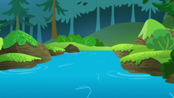 Size: 1280x720 | Tagged: safe, derpibooru import, screencap, on your marks, background, bush, forest, no pony, pine tree, river, scenic ponyville, tree