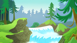 Size: 1280x720 | Tagged: safe, derpibooru import, screencap, on your marks, background, forest, no pony, pine tree, rapids, scenic ponyville, tree, waterfall