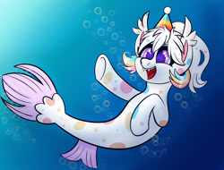 Size: 1280x974 | Tagged: safe, artist:marph92, derpibooru import, oc, oc only, oc:confetti cupcake, seapony (g4), bubble, crepuscular rays, dorsal fin, fangs, fish tail, hat, ocean, open mouth, party hat, purple eyes, smiling, solo, swimming, tail, teeth, underwater, water